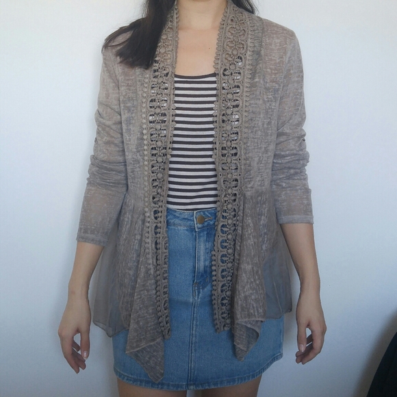 Beige Taupe Thin Knit Crochet Cardigan - Picture 2 of 13